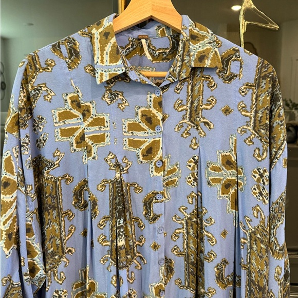 Free People Light Blue and Gold Patterned Button-Down Tunic/Mini - Picture 2 of 5